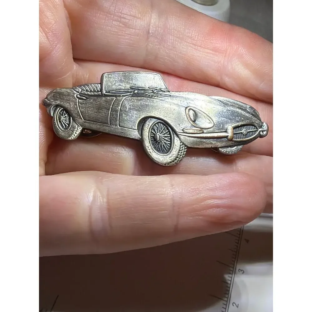 Vintage Jaguar E-Type XKE Roadster Pewter Dimensional Car Brooch Lapel Pin